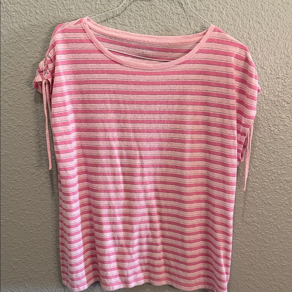 Talbots Tops - Talbots Pink Striped Short Sleeve Tie-Sleeve Top Linen XL